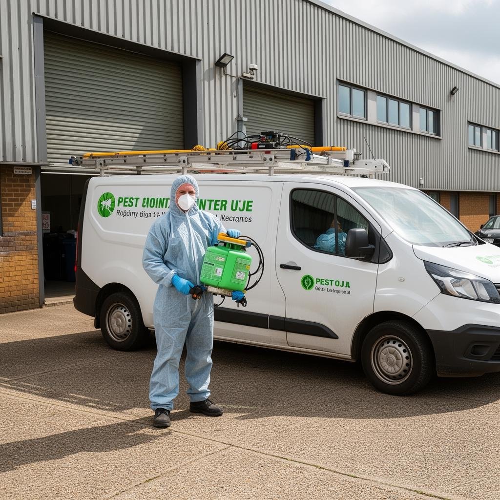 Commercial wasp control technician with sign-written van outside a business premises in Essex