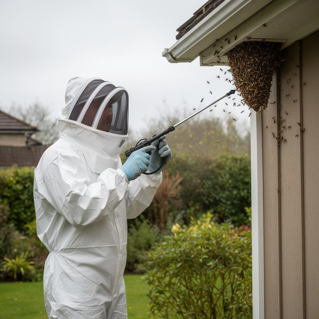 Essex pest control technician treating an urgent wasp nest under roof eaves during a same-day call-out