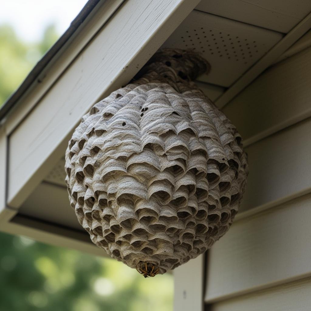 Close-up of an active wasp nest in Essex showing papery layered structure before professional treatment
